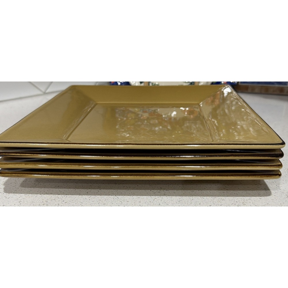 POTTERY BARN  set of 4 Mustard Yellow Gold 10.5in ASIAN SQUARE PLATES Japan‎